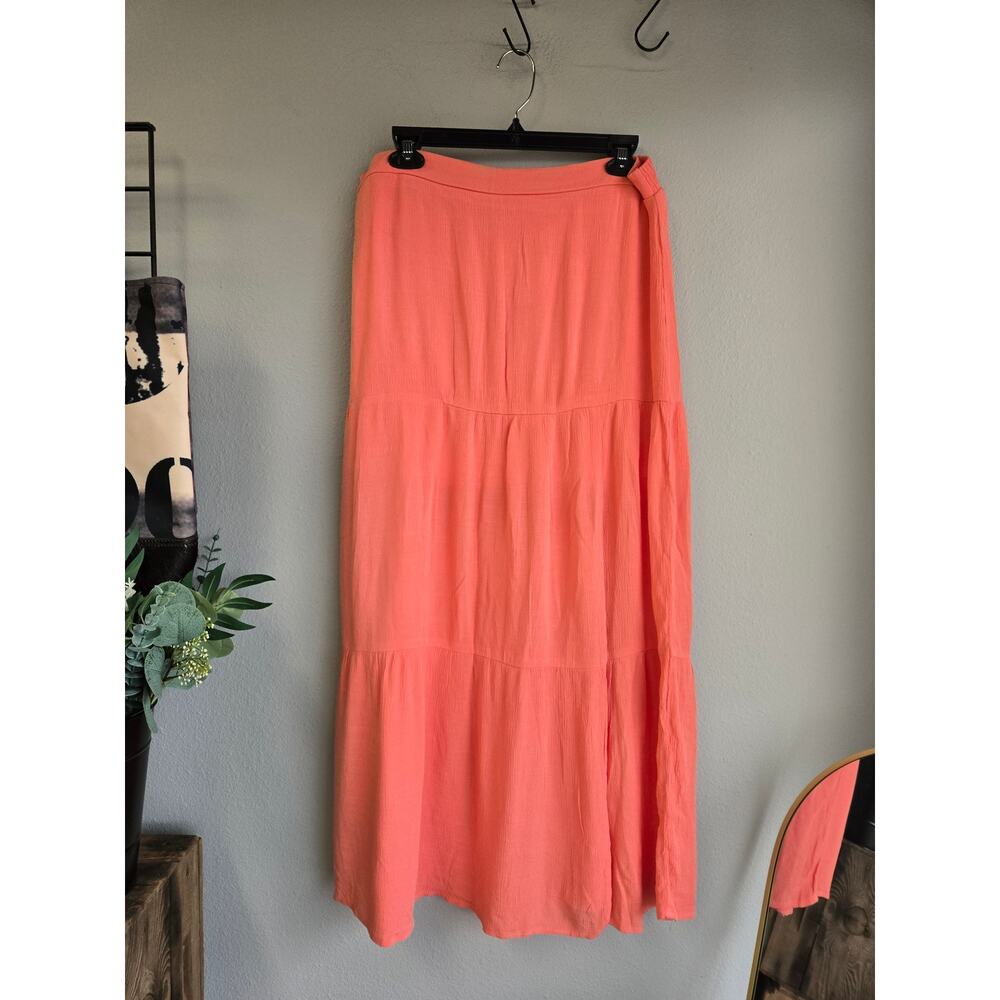 Nine West Coral Pink Tiered Maxi Skirt Side Slit Lined Boho Peasant Summer Large